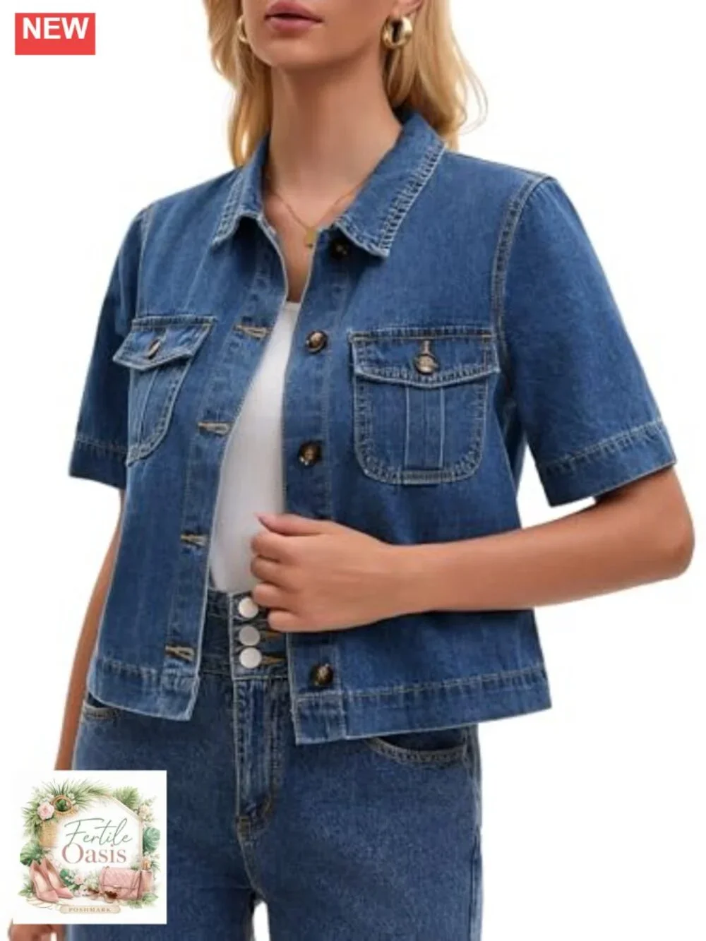 Casual Denim Jacket Short Sleeve Lightweight with Pockets